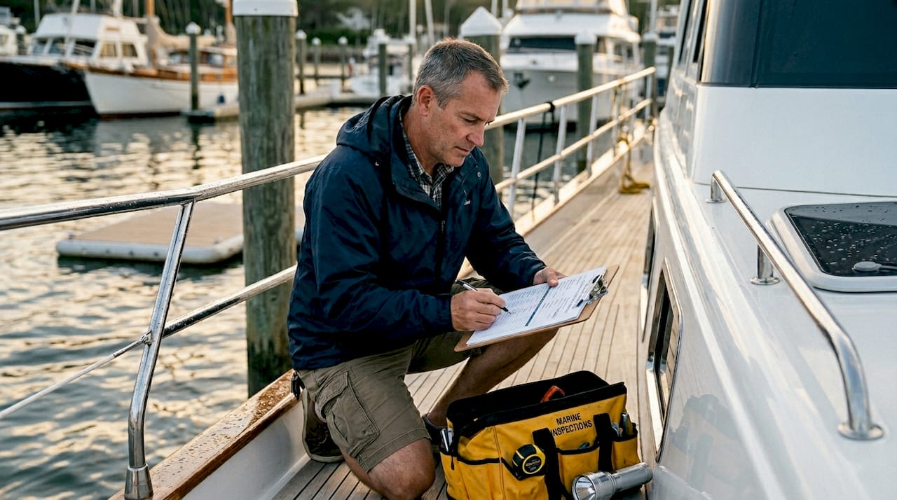 Marine surveyor checking yacht deck during inspection